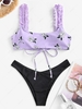 Frilled Plant Print Lace Up High Leg Bikini Swimwear Light purple