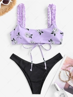 Frilled Plant Print Lace Up High Leg Bikini Swimwear Light purple