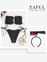 Frilled Ruched Chain Tie Tube Bikini Swimwear with Halloween Costume Graphic Headband Black