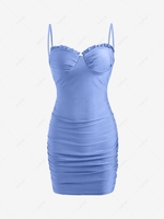 Frilled Sheeny Ruched Slinky Bustier Dress L Light blue