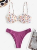 Frilled Underwire Floral Ribbed Bikini Swimwear Purple