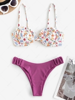 Frilled Underwire Floral Ribbed Bikini Swimwear Purple