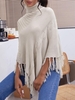 Fringed Asymmetrical Turtleneck Poncho Sweater Light coffee