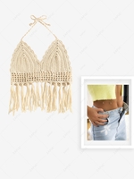 Fringed Backless Crochet Openwork Halter Top With Imitation Crystal Waist Chain Golden