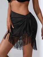 Fringed Beading Embellished Beach Sarong Black