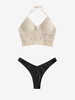 Fringed Crochet Knit Top and High Leg Bikini Bottom Set Light coffee
