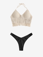 Fringed Crochet Knit Top and High Leg Bikini Bottom Set Light coffee