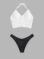Fringed Crochet Knit Top and High Leg Bikini Bottom Set White