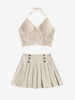 Fringed Crochet Knit Top and Pleated Skirt Set Light coffee