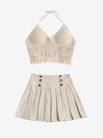 Fringed Crochet Knit Top and Pleated Skirt Set Light coffee