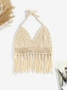 Fringed Crochet Openwork Halter Top M Light coffee