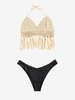 Fringed Crochet Openwork Top With Cheeky Bikini Bottoms Light coffee