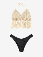 Fringed Crochet Openwork Top With Cheeky Bikini Bottoms Light coffee