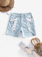 Fringed Cutoff Denim Shorts L Blue