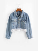 Fringed Hem Cropped Denim Jacket S Light blue