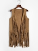 Fringed Open Front Longline Vest L Coffee