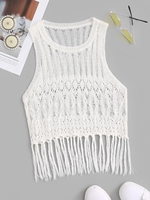 Fringed Open Knit Sheer Tank Top L White