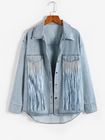 Fringed Rhinestones Button Up Denim Jacket L Light blue