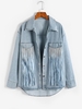 Fringed Rhinestones Button Up Denim Jacket M Light blue
