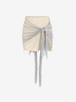 Fringed Slit Tied Mini Bodycon Skirt L Light coffee