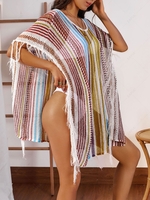 Fringed Striped Knit Cover Up Top Multi a