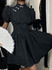 Frog Button Cheongsam Puff Sleeve Butterfly Embossed Skater Dress S Black