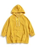 Frog Button Ribbed Fuzzy Hoodie L Yellow