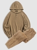 Fuzzy Polar Fleece Drawstring Hem Button Hoodie and Fluffy Teddy Beam Feet Pants Set Coffee