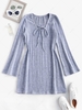 Fuzzy Ribbed Tie Collar Flare Sleeve Dress Xl Light gray