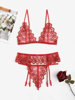 Garter Belt Embroidered Mesh Scalloped Lingerie Set L Red