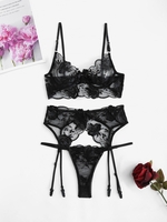 Garter Belt Embroidered Mesh Underwire Lingerie Set Xl Black
