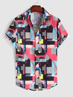 Geometric and Marble Printed Short Sleeves Shirt Xl Red