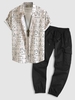 Geometric Figure Pattern Shirt and Multi Pockets Solid Color Cargo Pants Set Light coffee