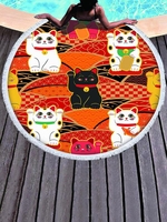 Geometric Pattern Fortune Cat Printed Tassel Decor Beach Towel