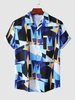 Geometric Pattern Lapel Short Sleeves Shirt Xxl Blue