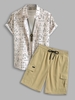 Geometric Pattern Shirt and Multi Pockets Cargo Shorts Light coffee