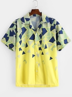 Geometric Print Button Vacation Shirt L Yellow
