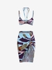 Geometric Print Colorblock Ruched Two Piece Dress M