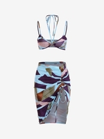 Geometric Print Colorblock Ruched Two Piece Dress M