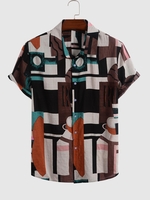 Geometric Spliced Print Vintage Button Down Shirt 3xl Light coffee