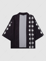 Geometry Rhombus Pattern Open Front Kimono M Black