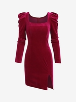 Gigot Sleeve Velvet Slit Bodycon Dress L Red