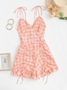Gingham Cinched Ruffle Backless Romper L Light orange