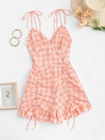 Gingham Cinched Ruffle Backless Romper S Light orange