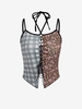 Gingham Floral Patchwork Lace Up Tank Top M Coffee