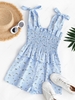 Gingham Floral Tie Shoulder Smocked Peplum Romper M Light blue