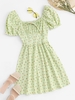 Gingham Fruit Print Puff Sleeve Milkmaid Dress S Light green