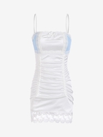 Gingham Lace Insert Cinched Bowknot Dress M White