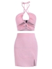 Gingham Lace-up Slit Cutout Skirt Set M Light pink