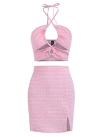 Gingham Lace-up Slit Cutout Skirt Set M Light pink